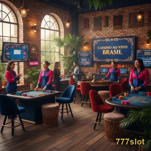 Interior do cassino ao vivo da 777slot com dealers.