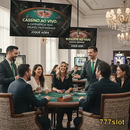 Jogadores interagem em cassino ao vivo da 777slot, com crupiês.