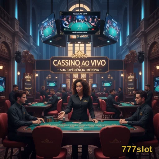 Ambiente do cassino ao vivo da 777slot com dealers e mesas.