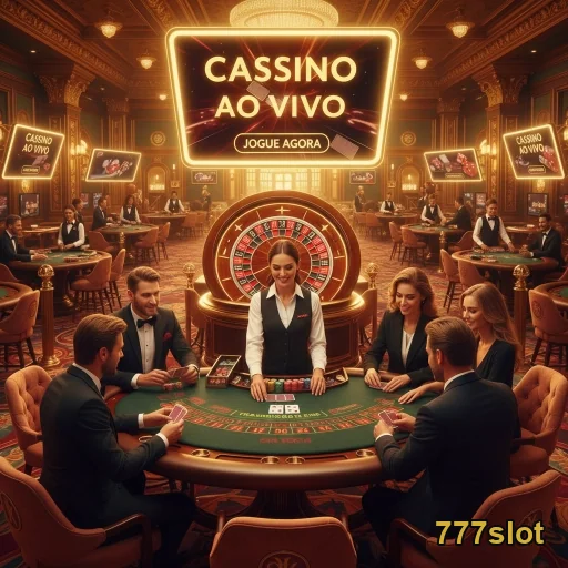 Jogadores em um cassino ao vivo no 777slot com mesa de blackjack.