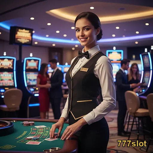 Funcionária atenta do 777slot em cassino VIP moderno.