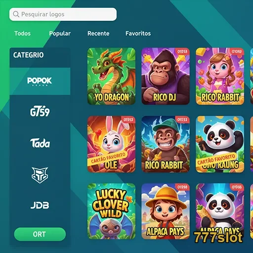 Tela com jogos populares do 777slot e ícones de cassino.