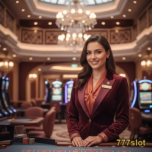 Atendente sorridente em ambiente de cassino da 777slot.